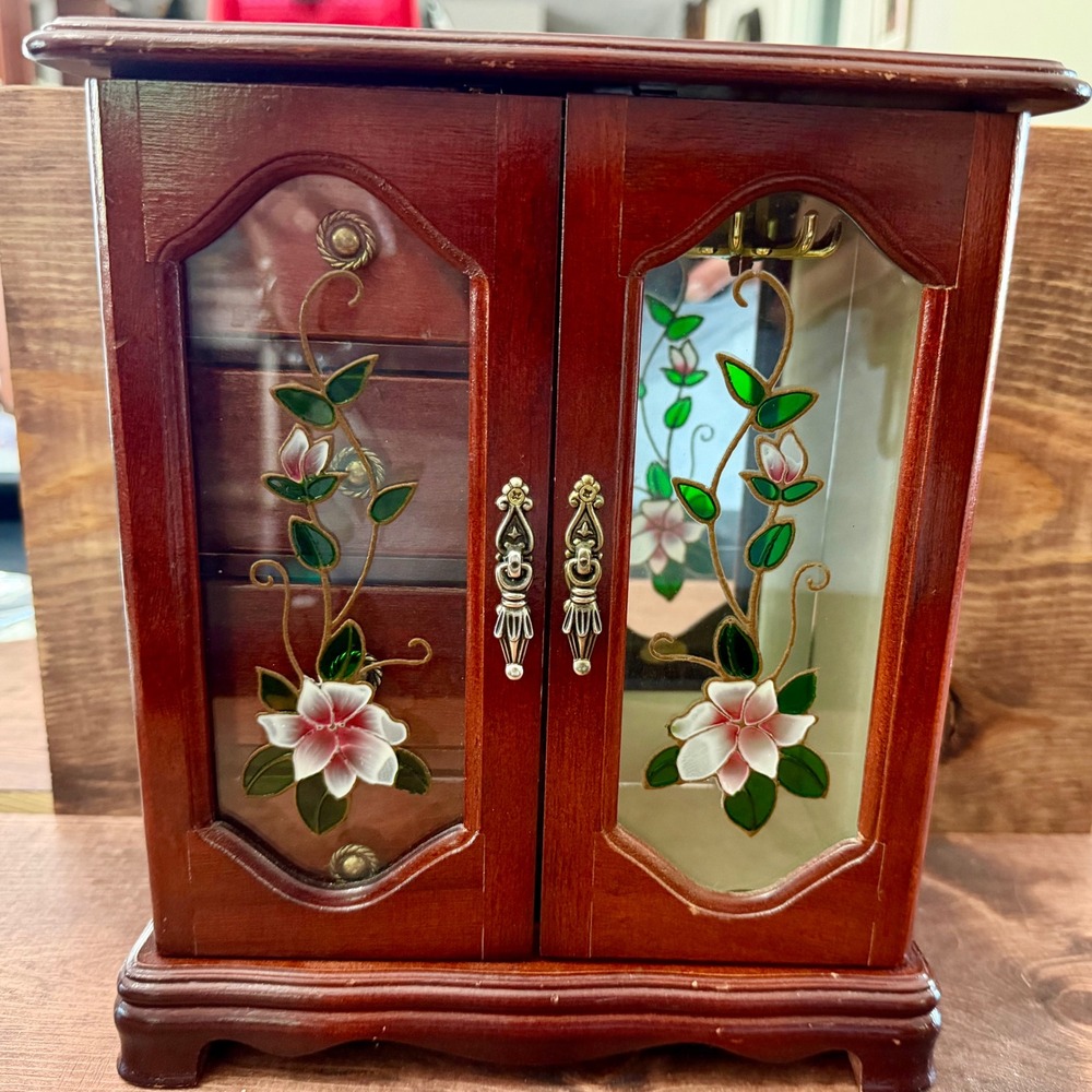 Vintage Wood Jewelry Box Armoire Etched Pink Floral Glass Doors Mirror Carousel
